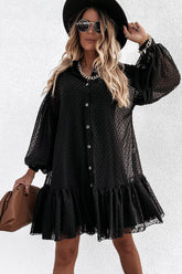 Robe babydoll mini à pois, col montant, boutonnée et manches évasées - Noir